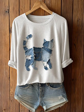 Frauen niedliche Katze Patchwork Kunst Langarm T-Shirt